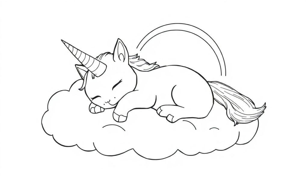 Eenhoornkat kleurplaat slapend op een wolk onder een regenboog.