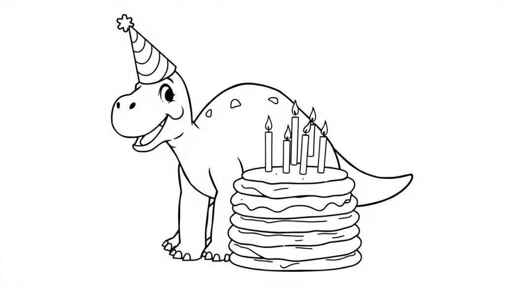 Brontosaurus kleurplaat met verjaardagshoed en taart.