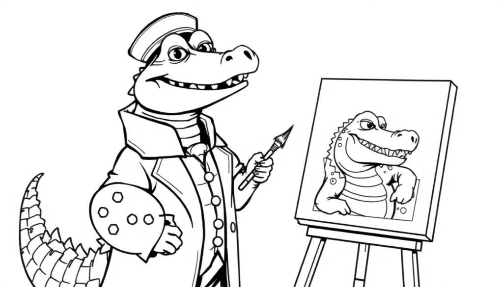 Kleurplaat van een krokodil burgemeester die een schilderij maakt.