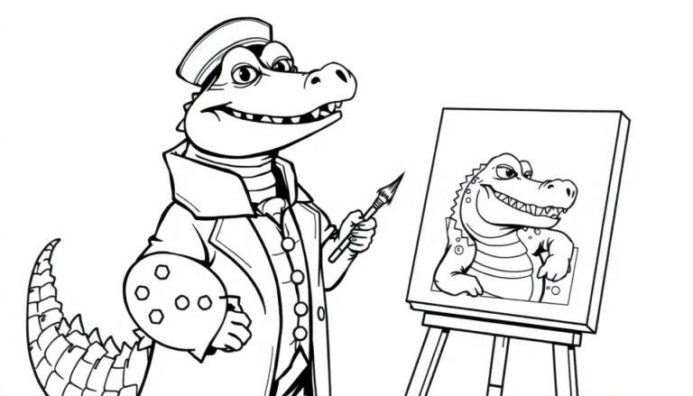 Kleurplaat van een krokodil burgemeester die een schilderij maakt.