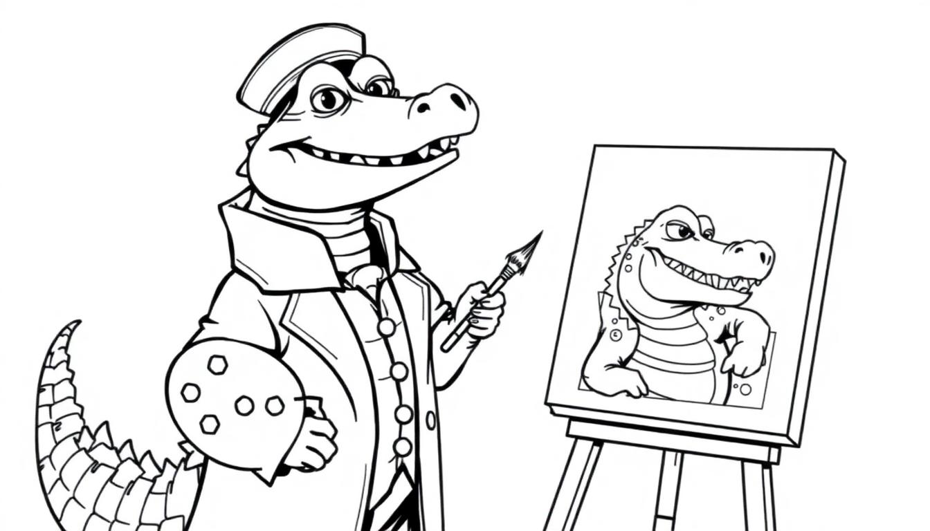 Kleurplaat van een krokodil burgemeester die een schilderij maakt.