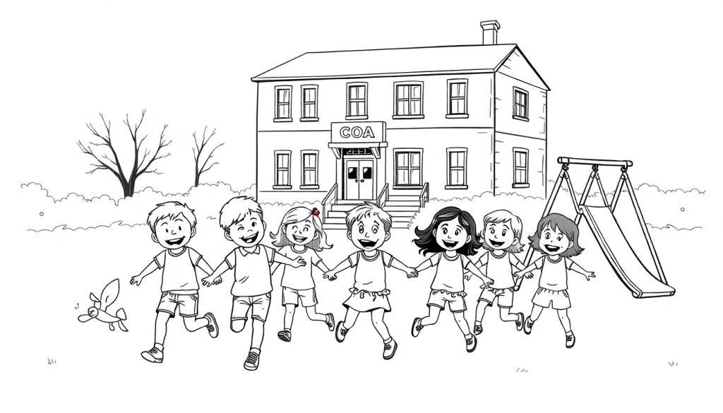 Kleurplaat van spelende kinderen voor een COA gebouw met een speeltuintje.