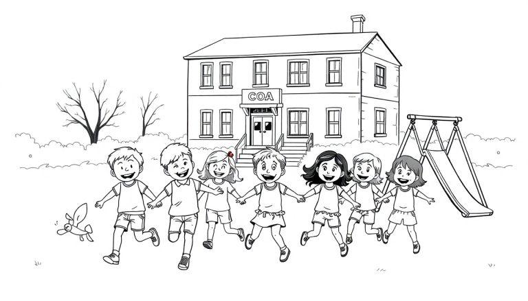 Kleurplaat van spelende kinderen voor een COA gebouw met een speeltuintje.