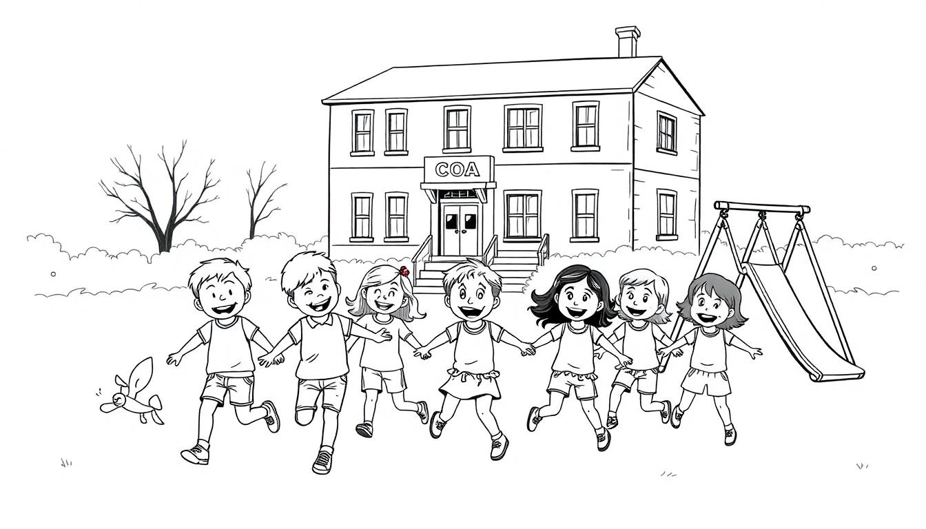 Kleurplaat van spelende kinderen voor een COA gebouw met een speeltuintje.