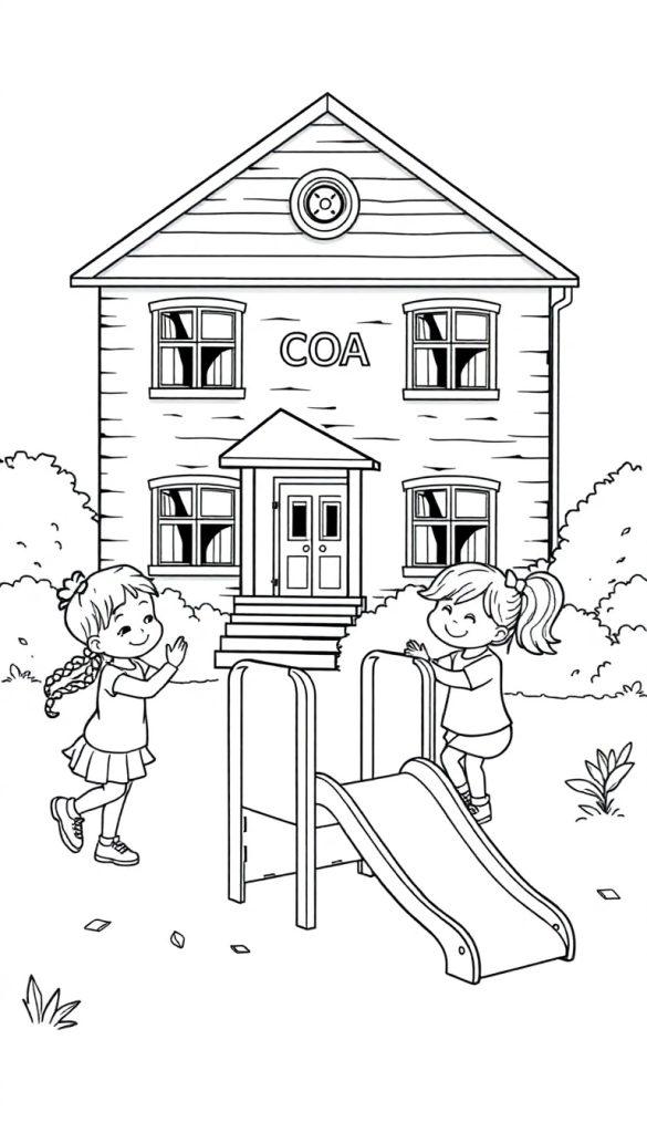 Kleurplaat van spelende kinderen bij een COA locatie met een glijbaan.