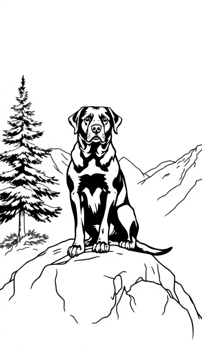 Kleurplaat van een zwarte labrador in de bergen.