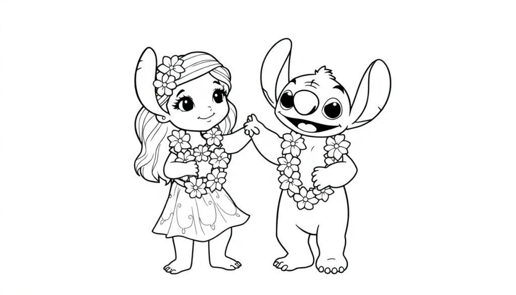 Lilo en Stitch kleurplaat met bloemen