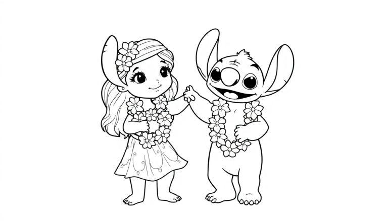 Lilo en Stitch kleurplaat met bloemen