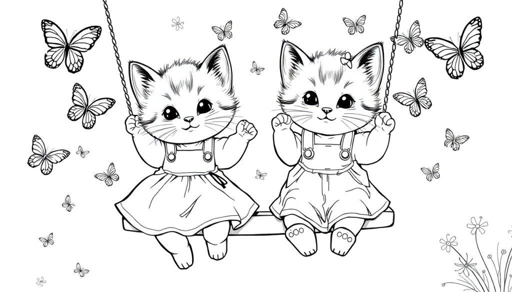 Kleurplaat van twee katjes die samen schommelen.