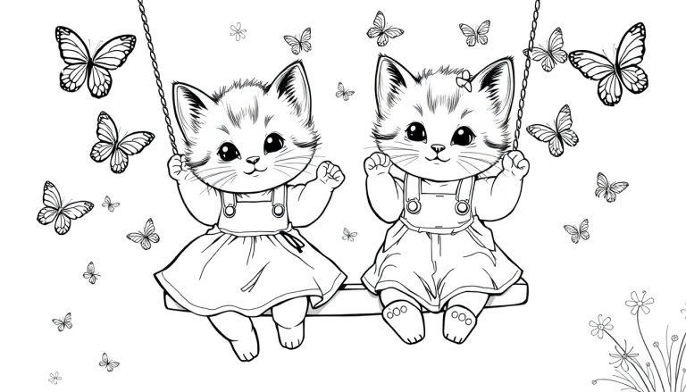 Kleurplaat van twee katjes die samen schommelen.