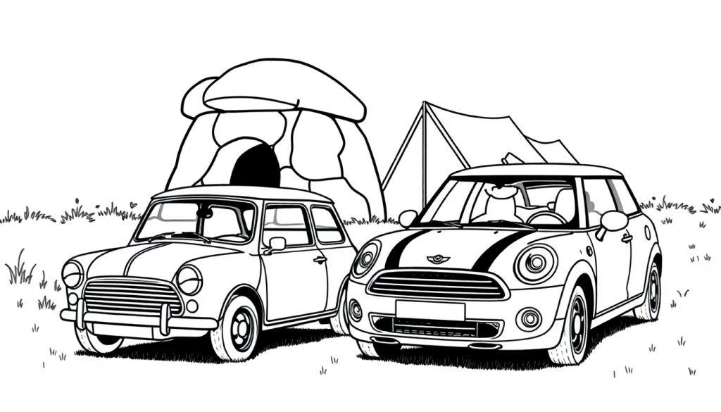 Kleurplaat van een klassieke en nieuwe Mini Cooper bij een hunebed en tent.
