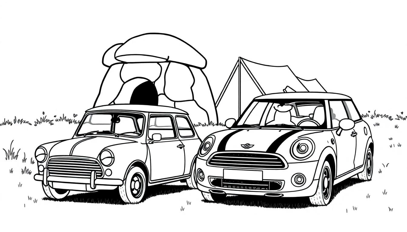 Kleurplaat van een klassieke en nieuwe Mini Cooper bij een hunebed en tent.