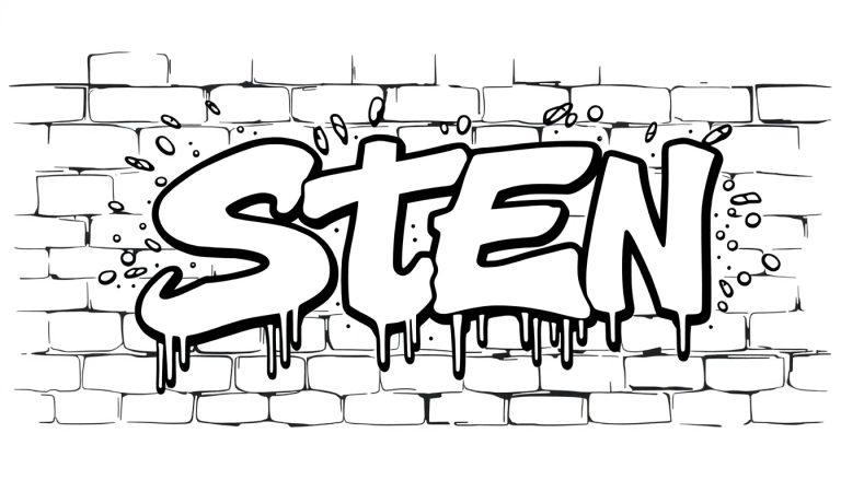 STEN graffiti kleurplaat op een bakstenen muur.