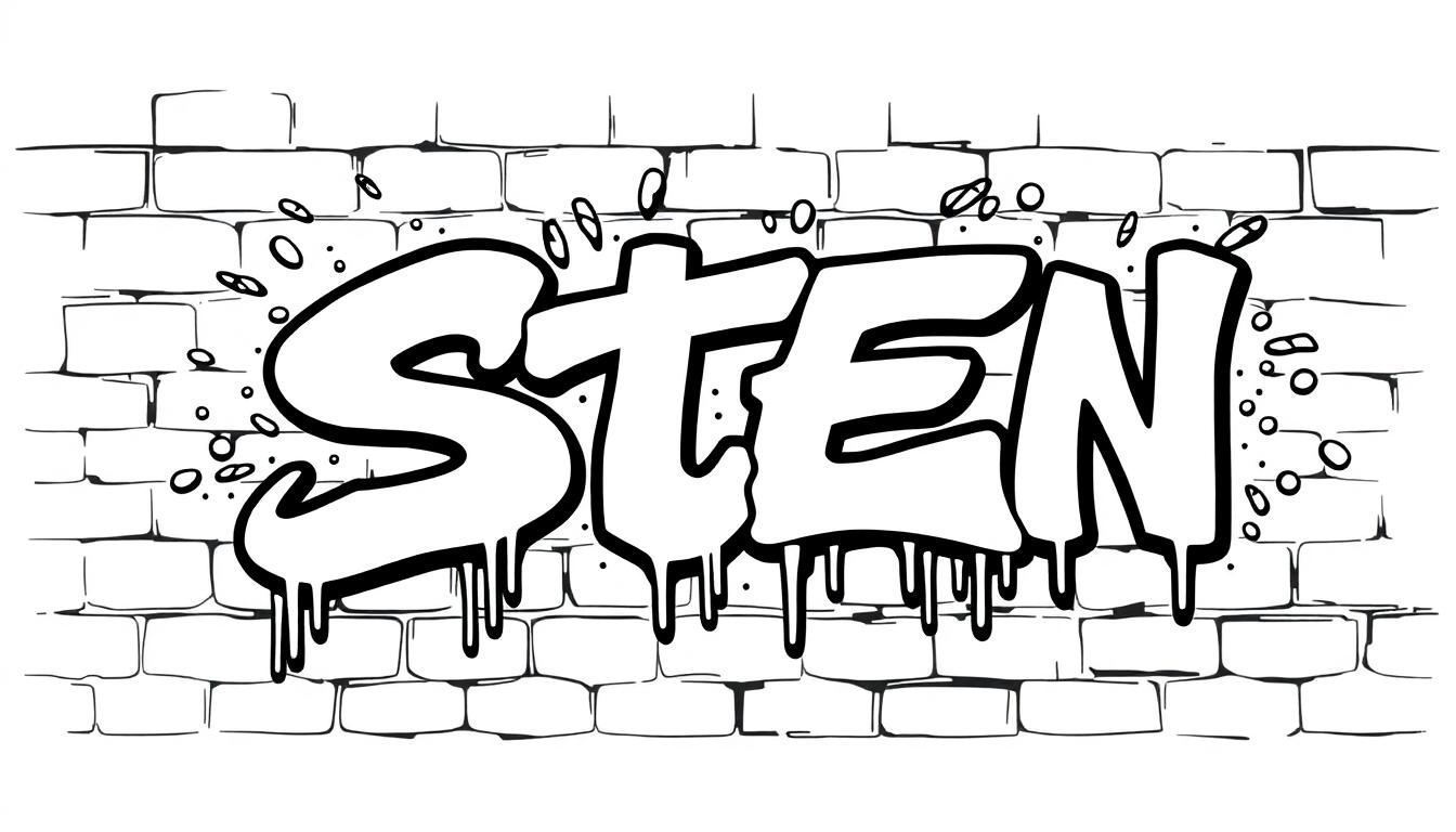 STEN graffiti kleurplaat op een bakstenen muur.