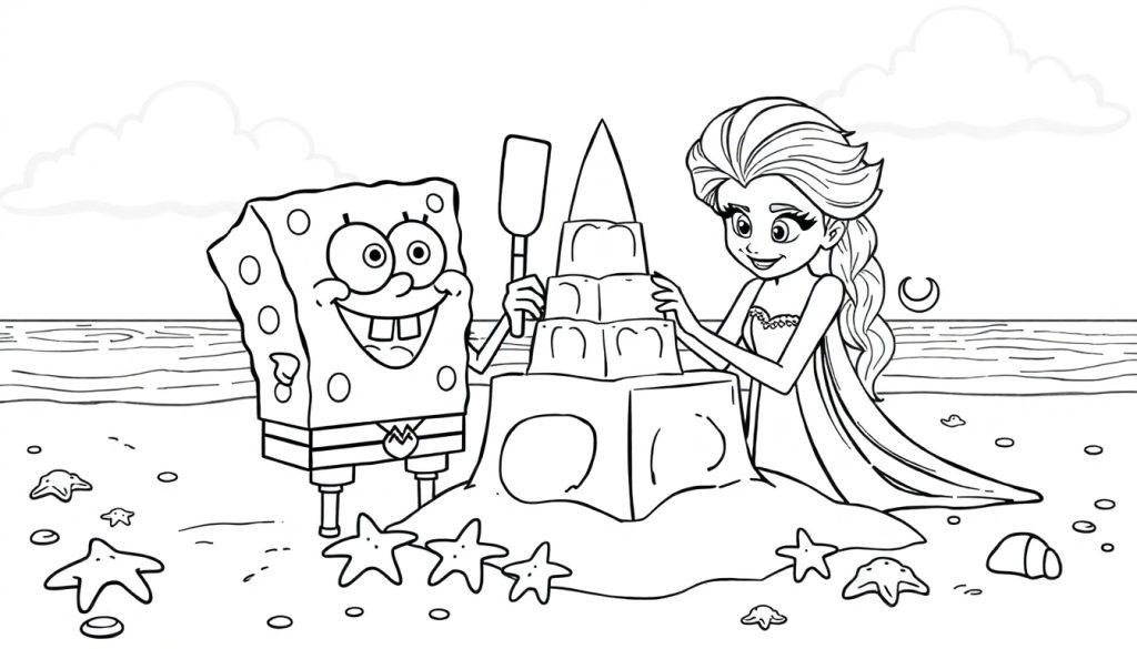 Spongebob en Elsa kleurplaat bouwen een zandkasteel op het strand.