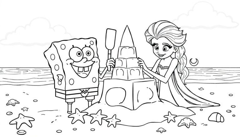 Spongebob en Elsa kleurplaat bouwen een zandkasteel op het strand.
