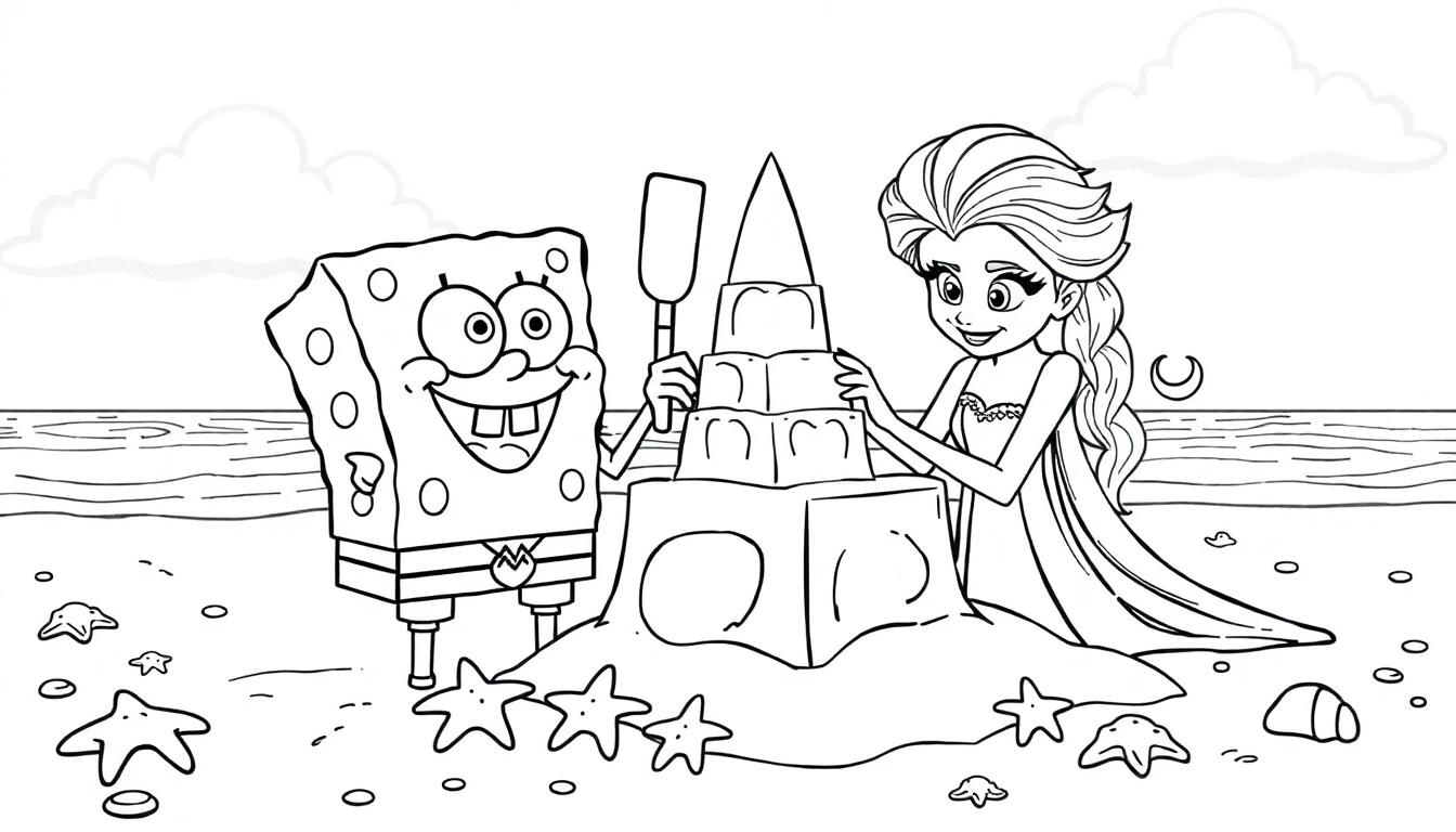 Spongebob en Elsa kleurplaat bouwen een zandkasteel op het strand.
