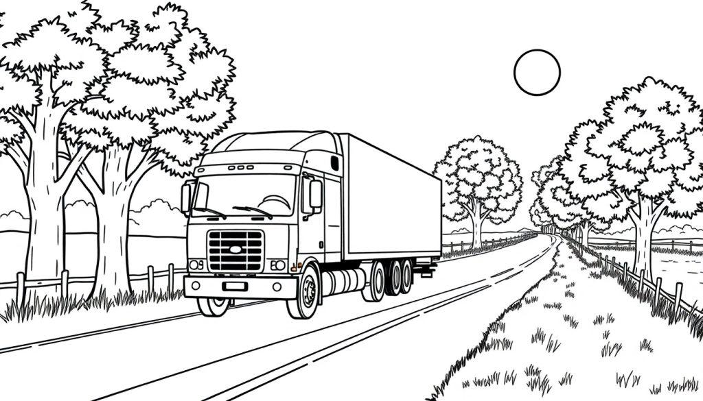 Vrachtwagen kleurplaat rijdt door het landschap