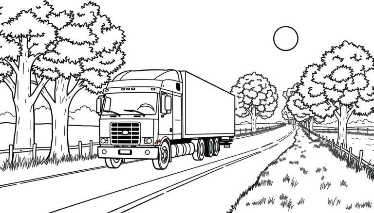 Vrachtwagen kleurplaat rijdt door het landschap