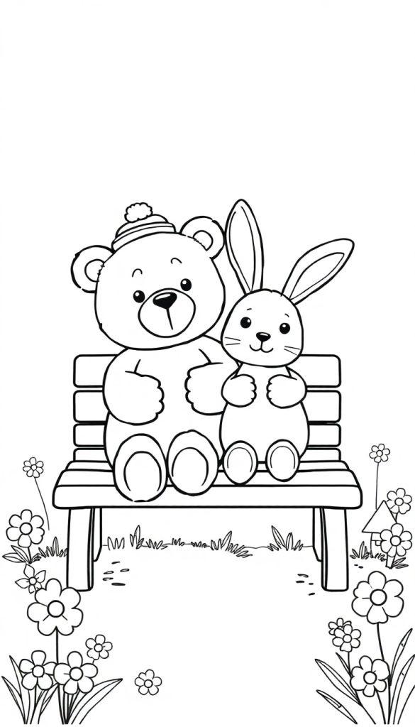Kleurplaat van een verliefde beer en konijn op een bankje.