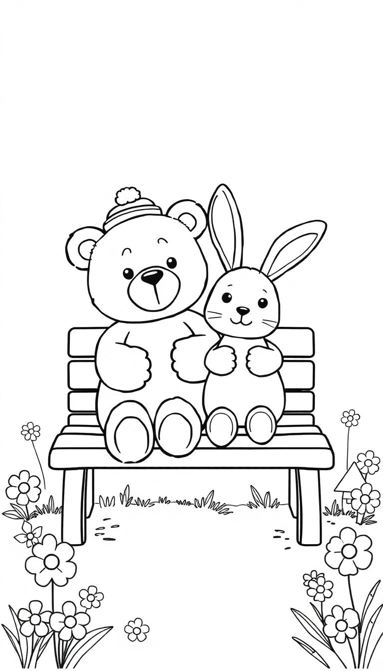 Kleurplaat van een verliefde beer en konijn op een bankje.