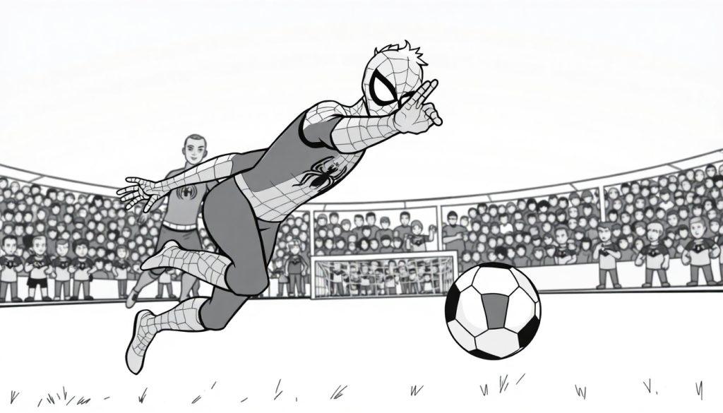 Kleurplaat van Spider-Man die voetbalt in een stadion.