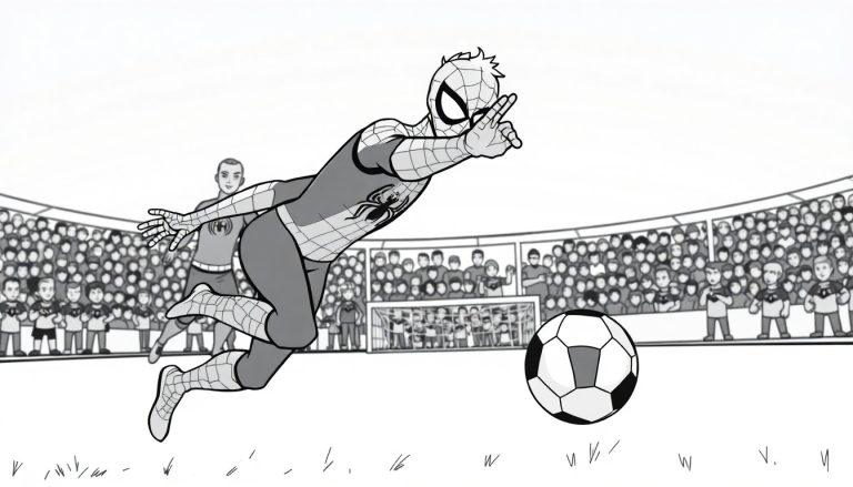Kleurplaat van Spider-Man die voetbalt in een stadion.