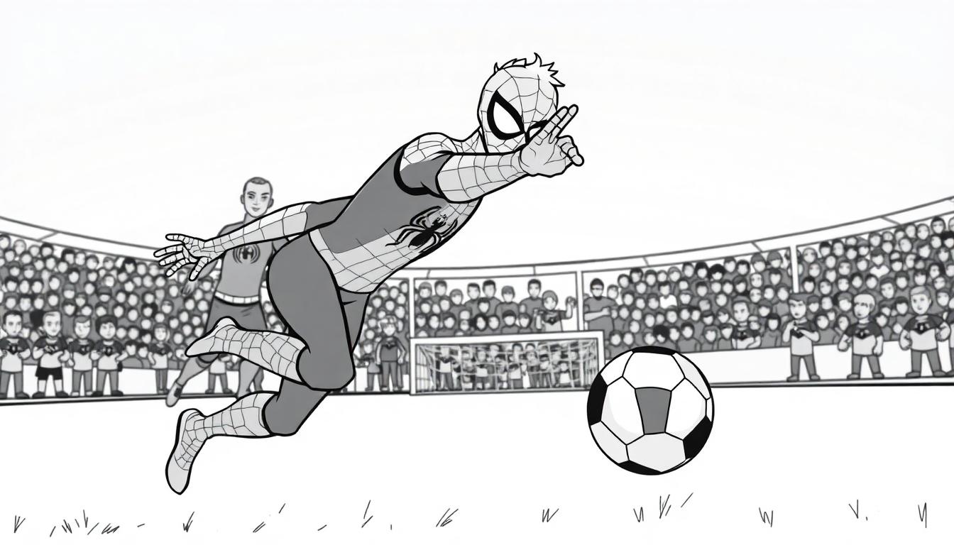 Kleurplaat van Spider-Man die voetbalt in een stadion.