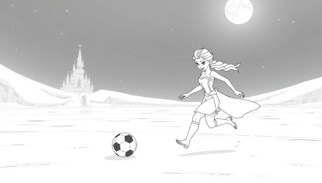 Elsa speelt voetbal kleurplaat voor kinderen