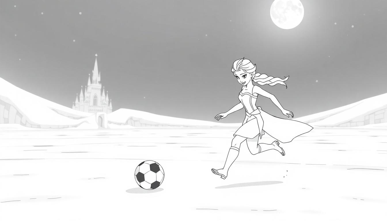 Elsa speelt voetbal kleurplaat voor kinderen