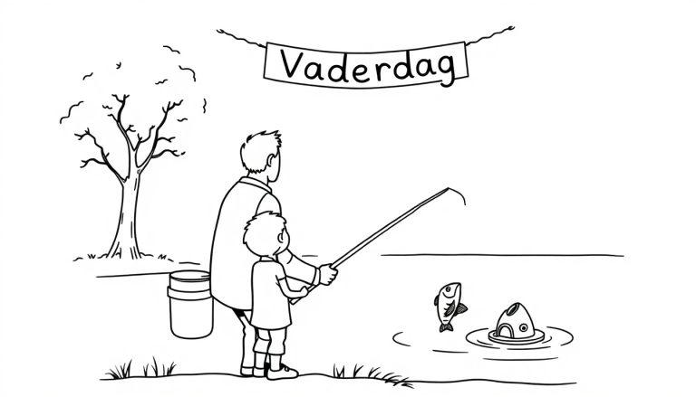 Vaderdag kleurplaat van een vader en zoon die samen vissen.