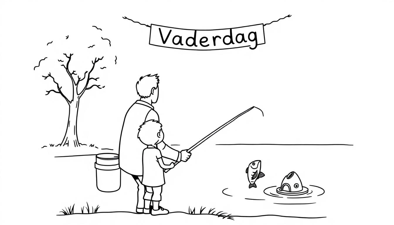 Vaderdag kleurplaat van een vader en zoon die samen vissen.