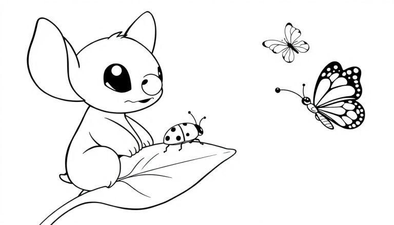 Stitch kleurplaat met lieveheersbeestje en vlinder.
