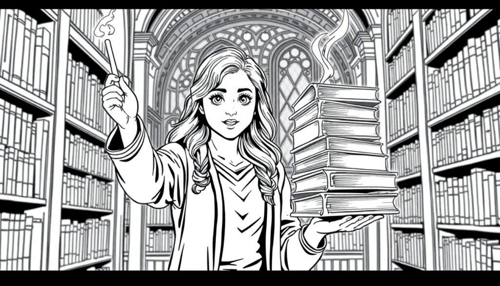 Hermelien zwaait met haar toverstaf in de Zweinstein bibliotheek: een leuke kleurplaat!
