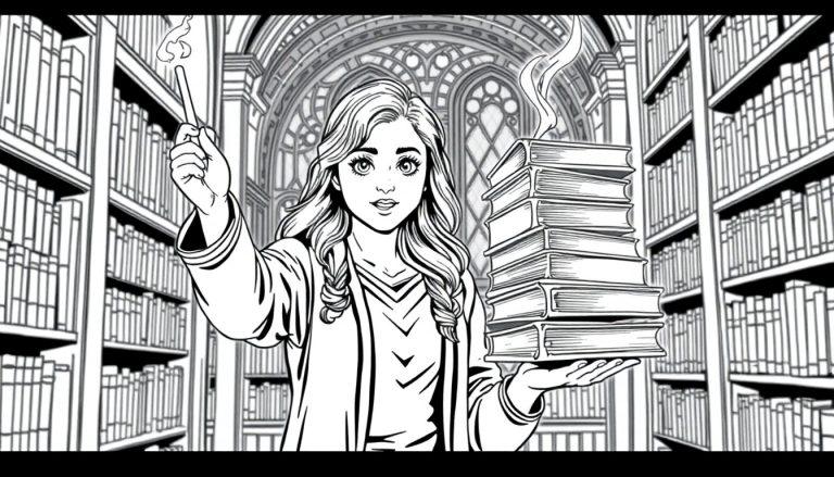 Hermelien zwaait met haar toverstaf in de Zweinstein bibliotheek: een leuke kleurplaat!