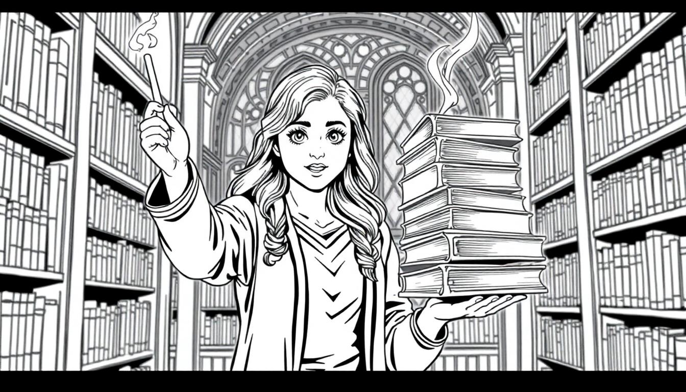 Hermelien zwaait met haar toverstaf in de Zweinstein bibliotheek: een leuke kleurplaat!