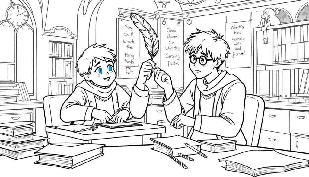 Ron voert een spreuk uit naast Harry, een leuke kleurplaat!