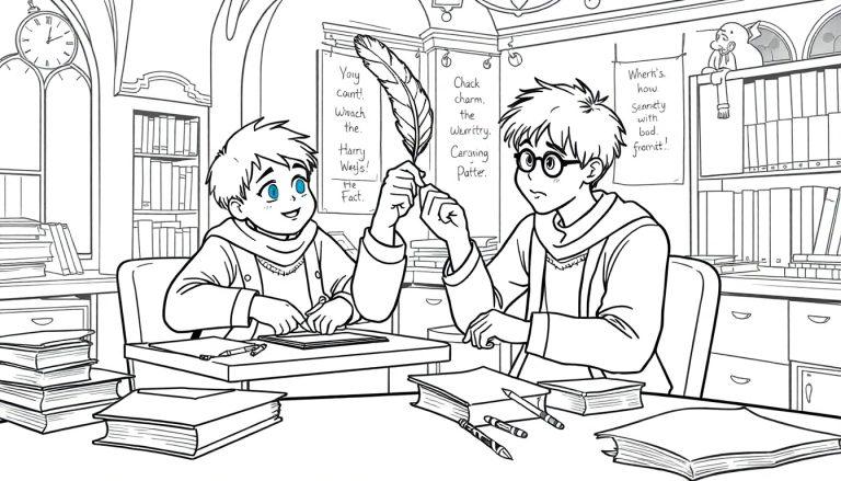 Ron voert een spreuk uit naast Harry, een leuke kleurplaat!