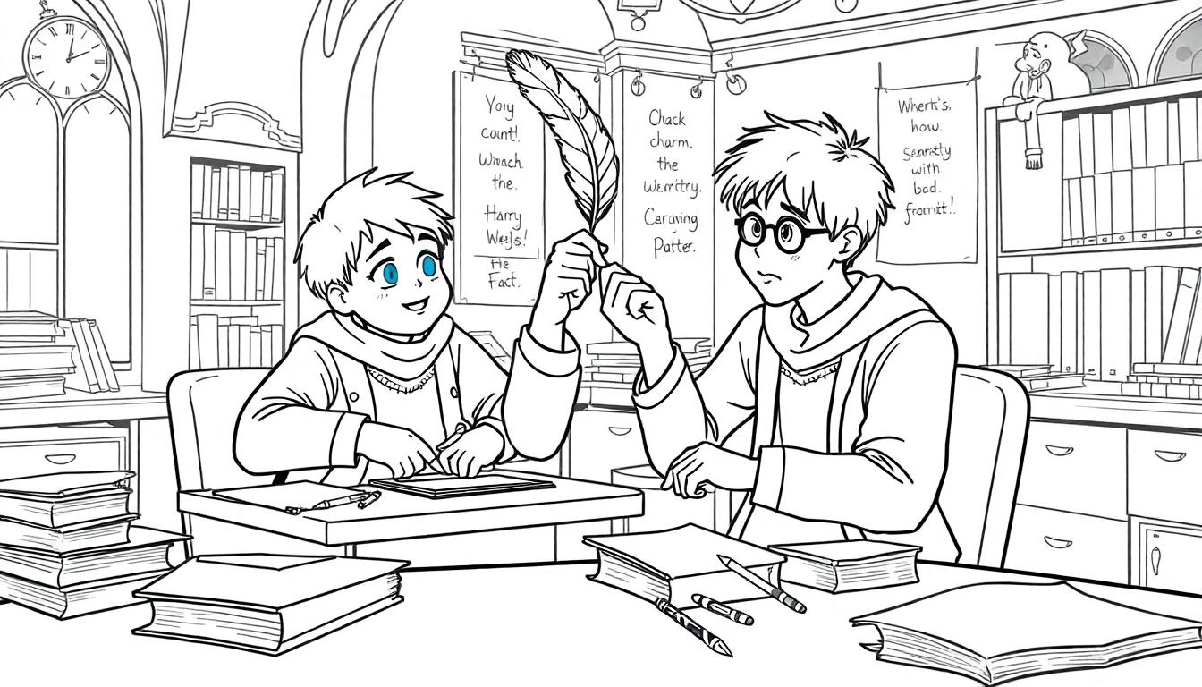 Ron voert een spreuk uit naast Harry, een leuke kleurplaat!