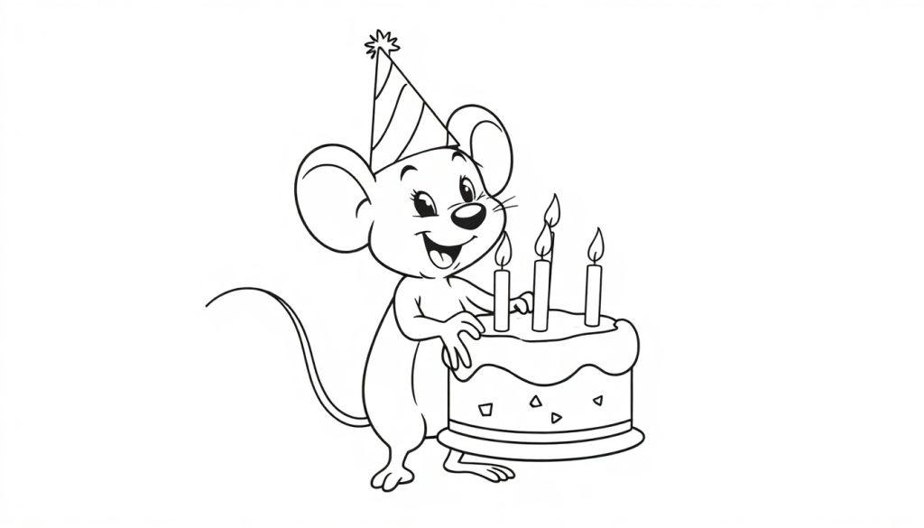Muis met verjaardagstaart kleurplaat