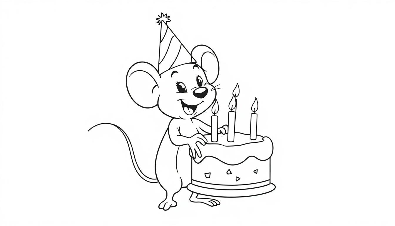 Muis met verjaardagstaart kleurplaat
