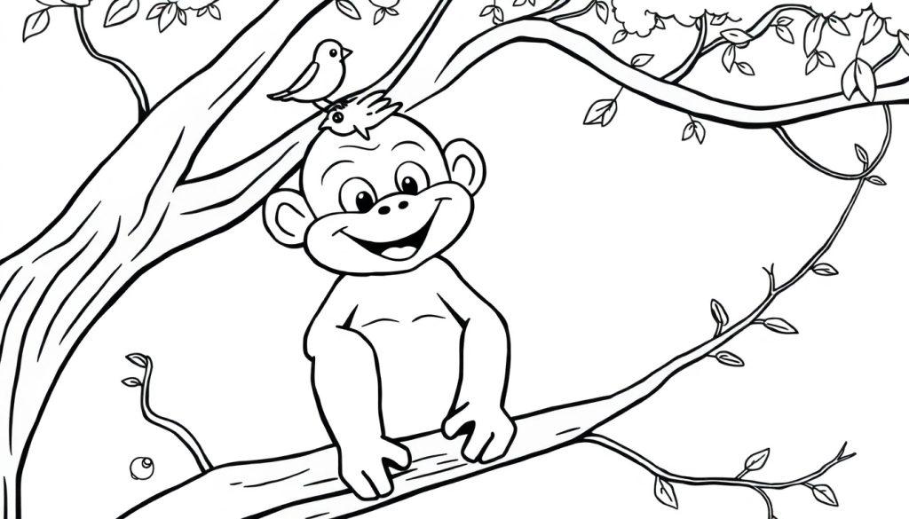 Lachende aap met vogeltje, een vrolijke kleurplaat.