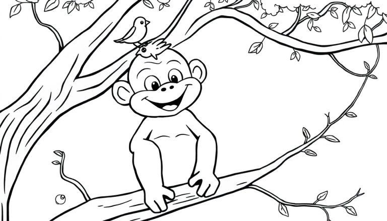 Lachende aap met vogeltje, een vrolijke kleurplaat.