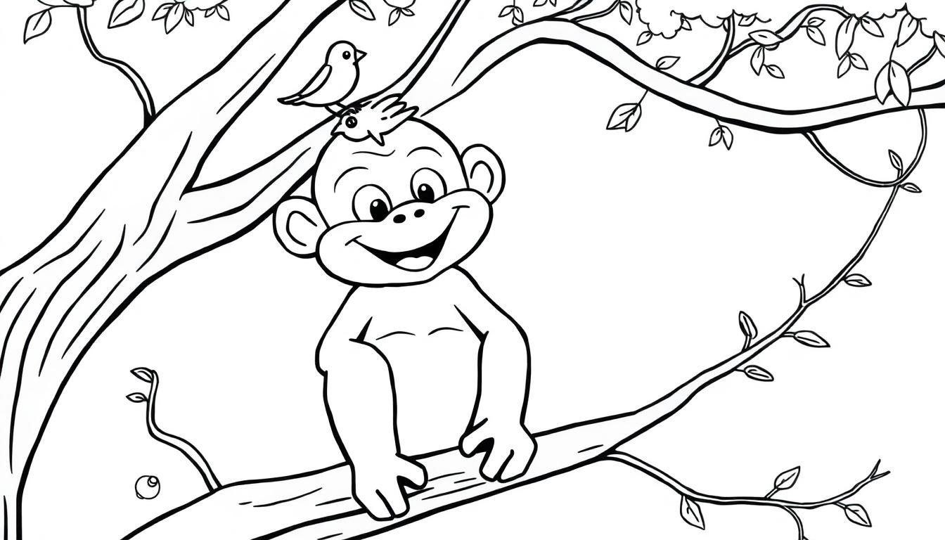 Lachende aap met vogeltje, een vrolijke kleurplaat.