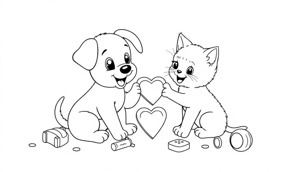 Kleurplaat van een puppy en kitten met een hartje.