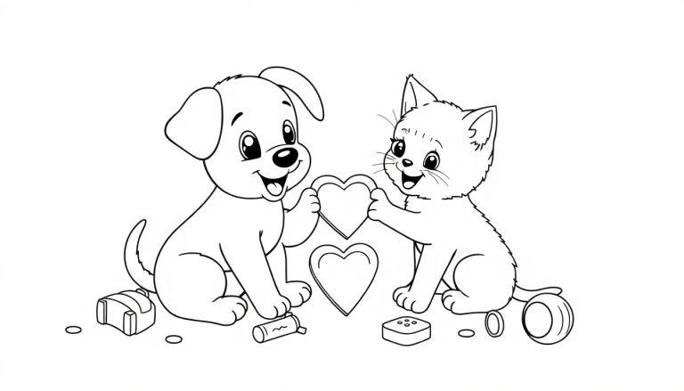 Kleurplaat van een puppy en kitten met een hartje.