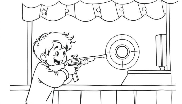 Kleurplaat van een jongen bij een schietkraam