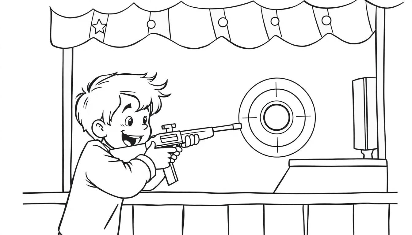 Kleurplaat van een jongen bij een schietkraam