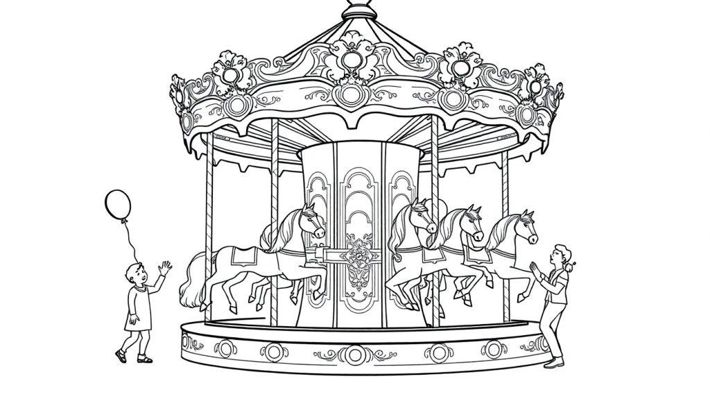 Draaimolen kleurplaat met paarden, kind en ballon.