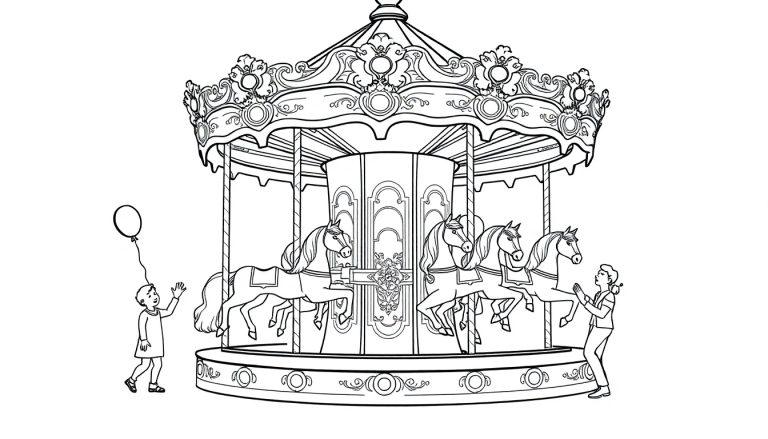 Draaimolen kleurplaat met paarden, kind en ballon.